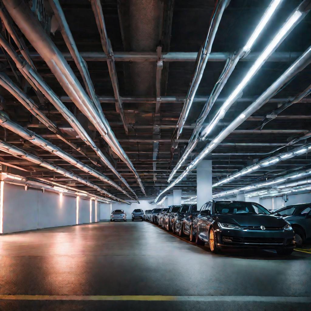 Вид снизу на автоматизированный многоуровневый подземный парковочный гараж с рядами машин, эффективно припаркованных с использованием робототехники и ярко освещенных люминесцентными лампами сверху.