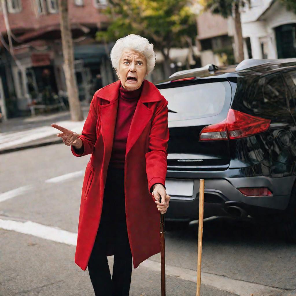 Пожилая женщина с тростью недовольна машиной, припаркованной на тротуаре
