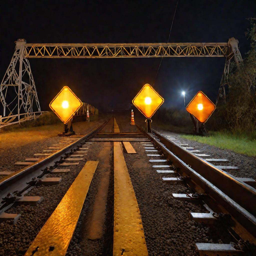 Временный дорожный знак «Проезд запрещен» перед железнодорожным мостом ночью