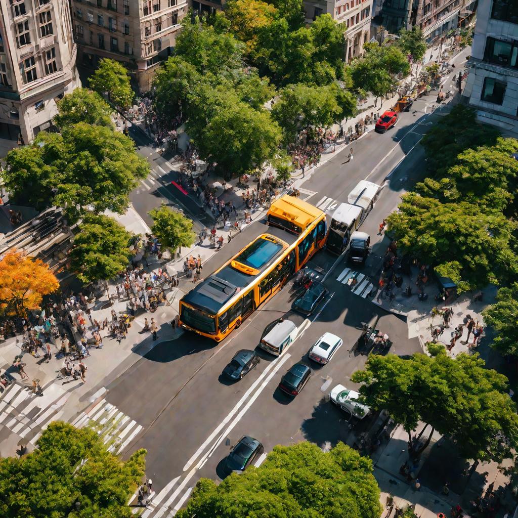 Вид сверху на улицу с движущимся городским автобусом