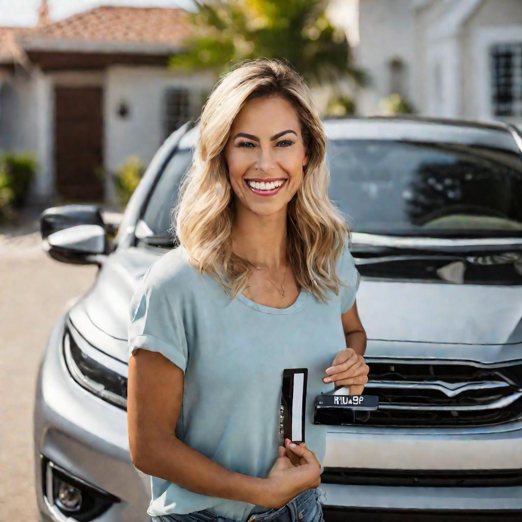 Крупный план портрета улыбающейся женщины, гордо стоящей рядом со своей новой машиной в день покупки