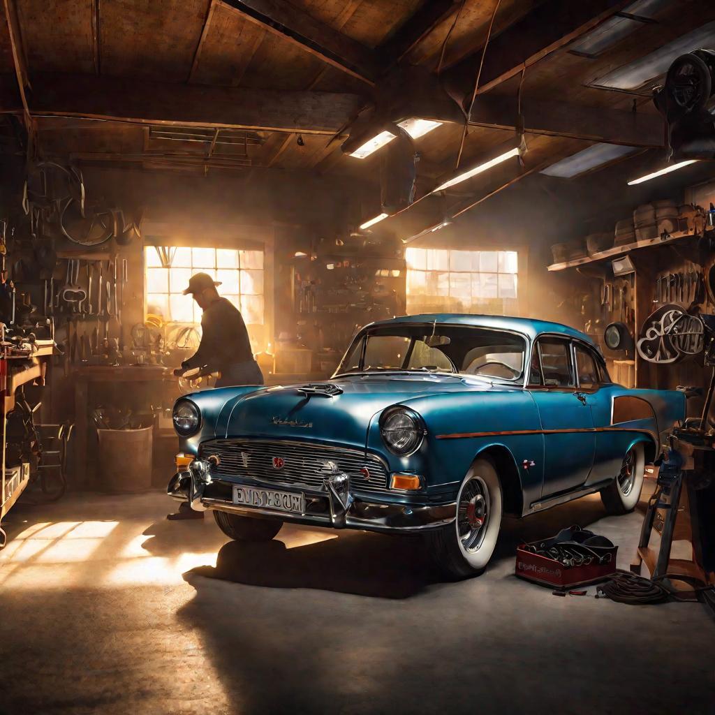 Мягкая теплая кинематографическая сцена, показывающая механика в гараже, устанавливающего абсолютно новый регистрационный знак на заднюю часть классического автомобиля