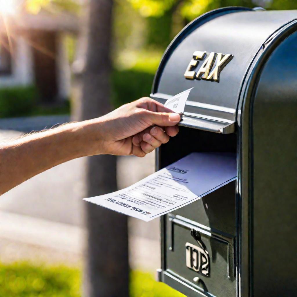 Крупным планом человек опускает конверт с уведомлением о транспортном налоге в почтовый ящик.