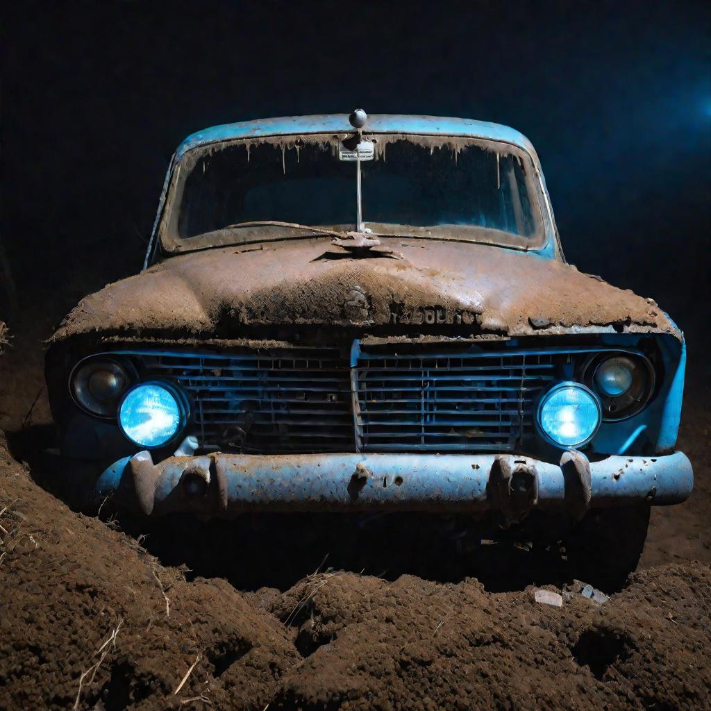 Драматичный туманный крупный план передней части грязной ржавой старой машины ночью