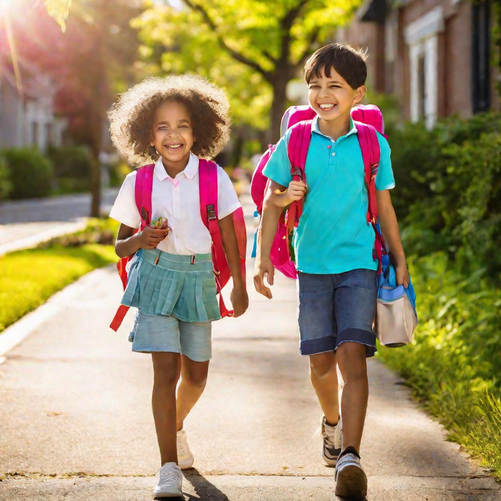 Мальчик и девочка идут из школы по тротуару в солнечный день