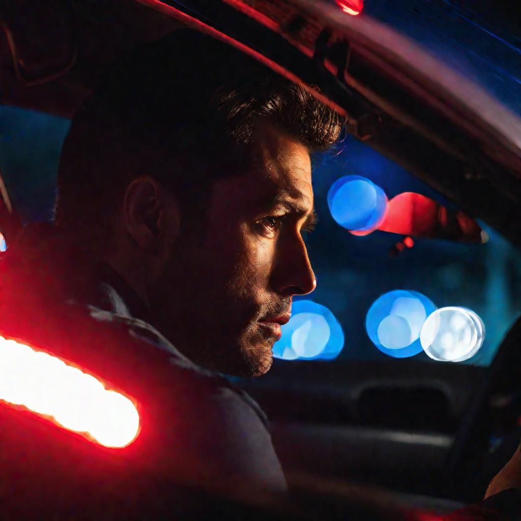 Водитель смотрит в окно машины ночью на мигалки полиции