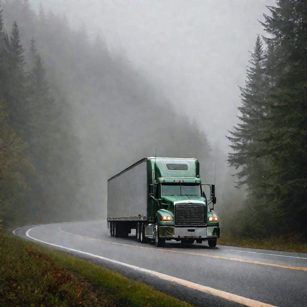 Грузовик с прицепом едет по туманному шоссе среди леса
