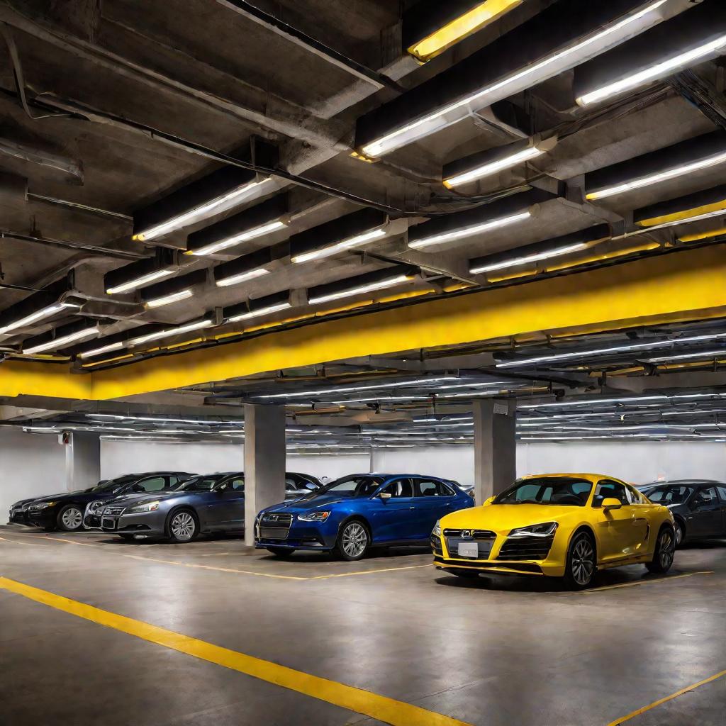 Внутренний вид подземного паркинга с рядами припаркованных автомобилей вдоль центрального проезда. Бетонная конструкция ярко освещена желтыми лампами