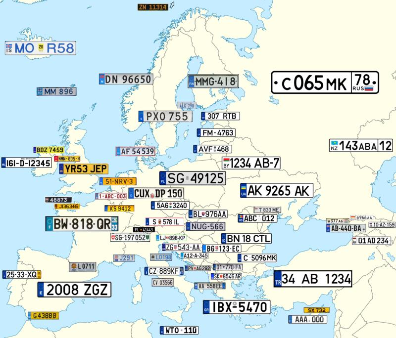 Карта автомобильных номеров Европы, Турции и Закавказья