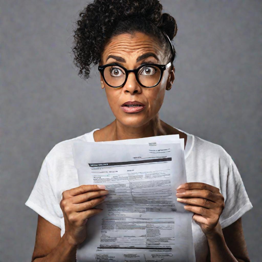 Женщина в очках смотрит в камеру, держа налоговый документ и выражая замешательство