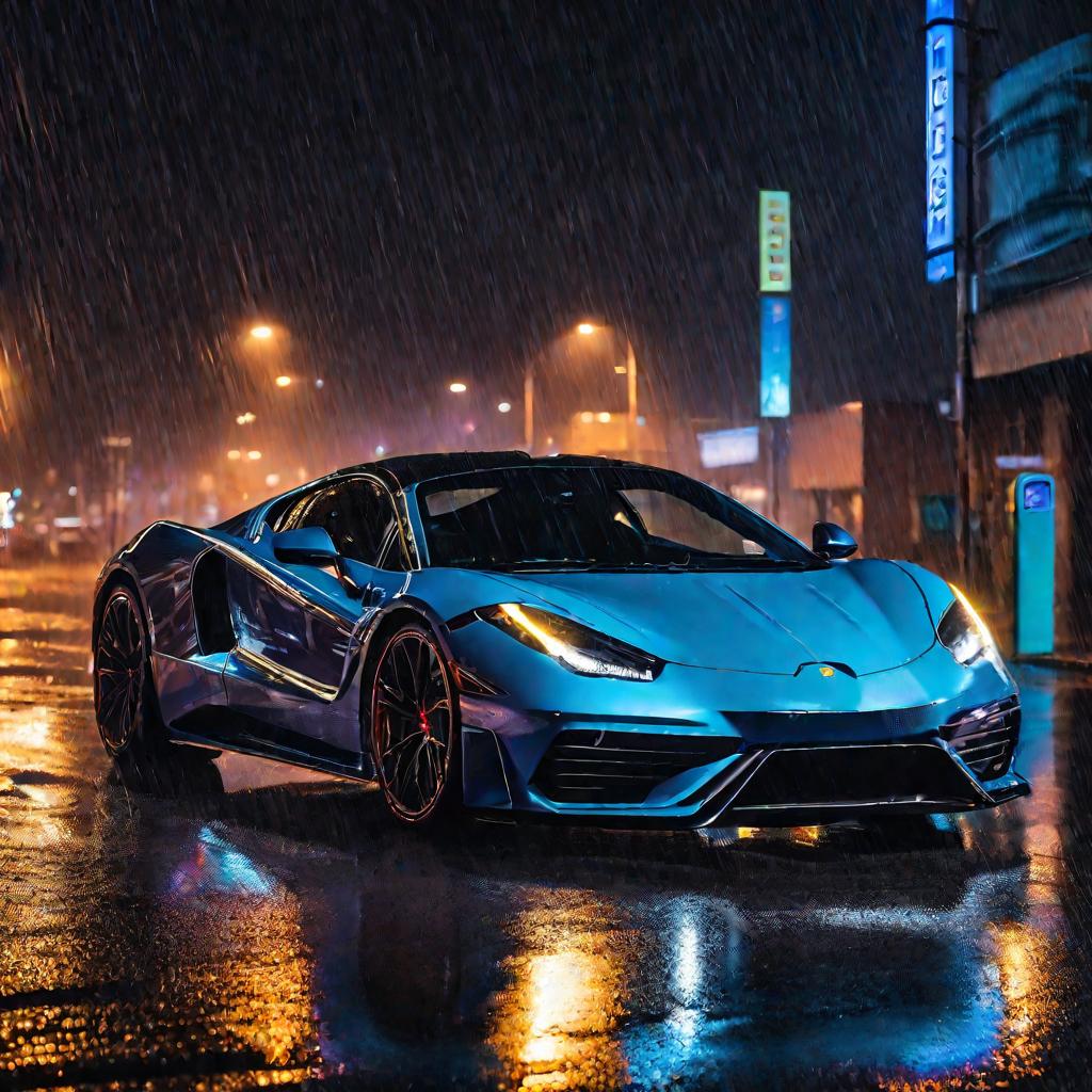 Ночной город в дождь, вид на дорогую спортивную машину