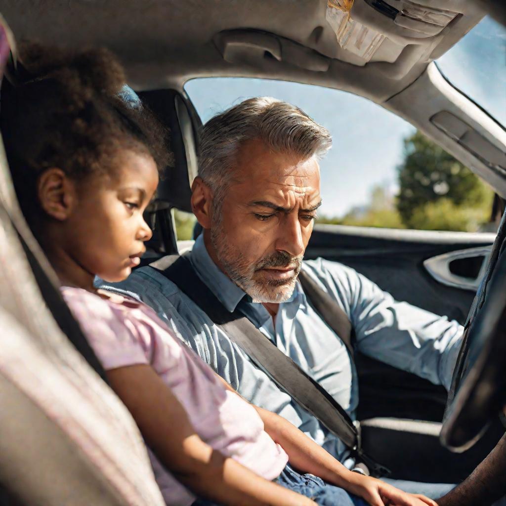 Портрет обеспокоенного отца, пристегивающего дочь в детском автокресле на заднем сиденье машины в солнечное весеннее утро