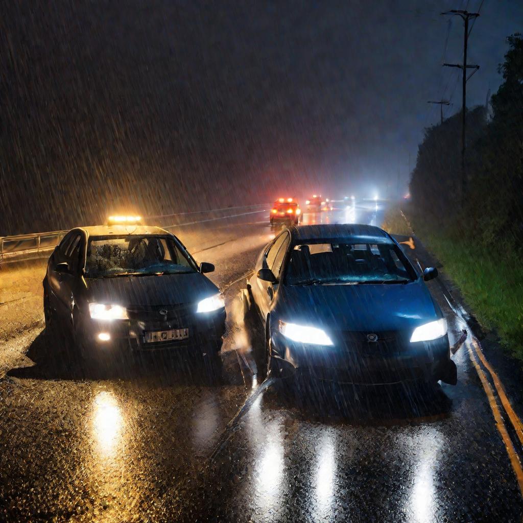 Лобовое столкновение двух автомобилей ночью на мокрой дороге при выезде с участка одностороннего движения
