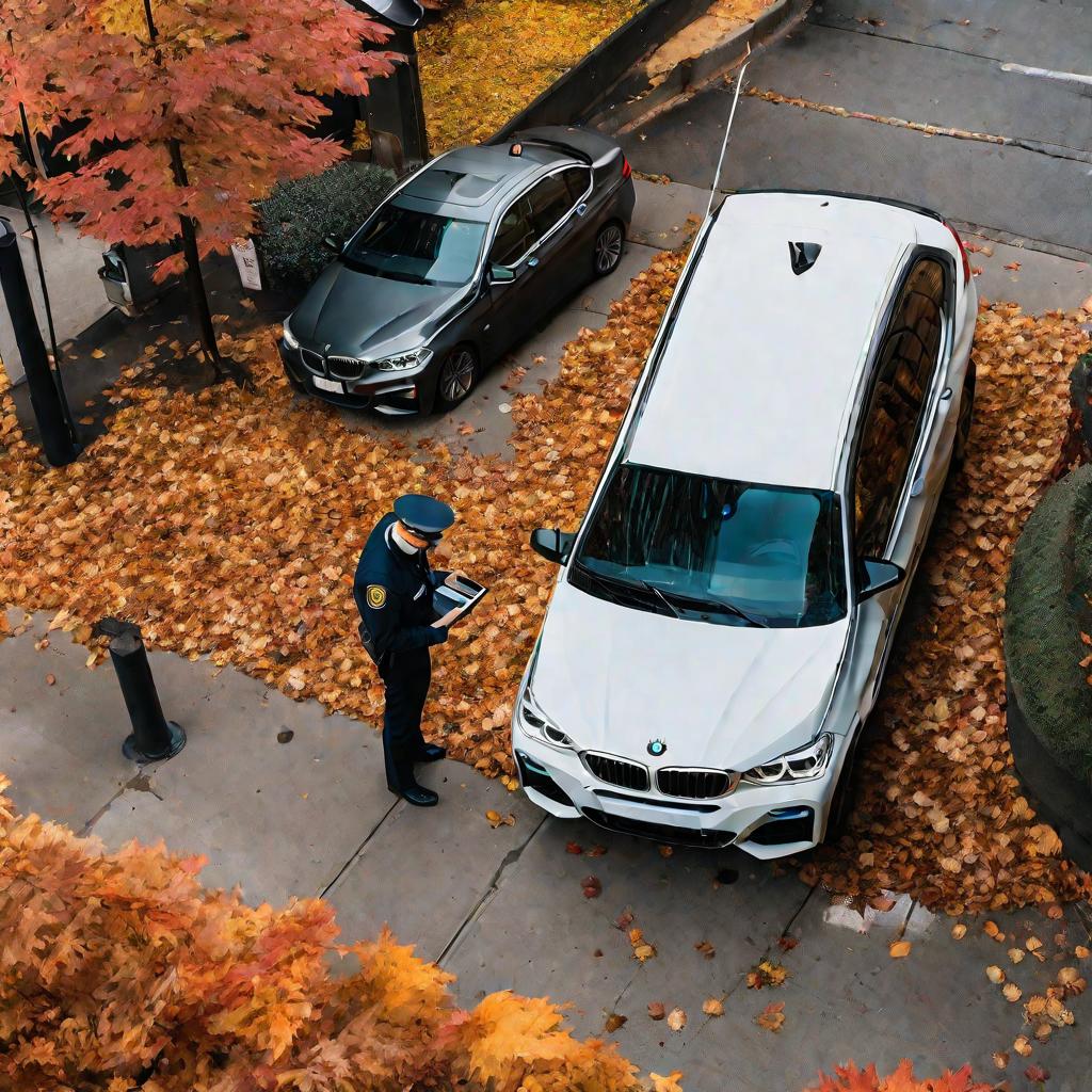 Вид сверху: инспектор проверяет автомобиль BMW в поисках нарушений правил парковки.
