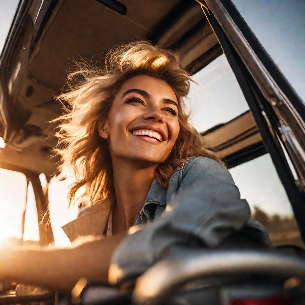 Женщина-водитель улыбается за рулем автодома
