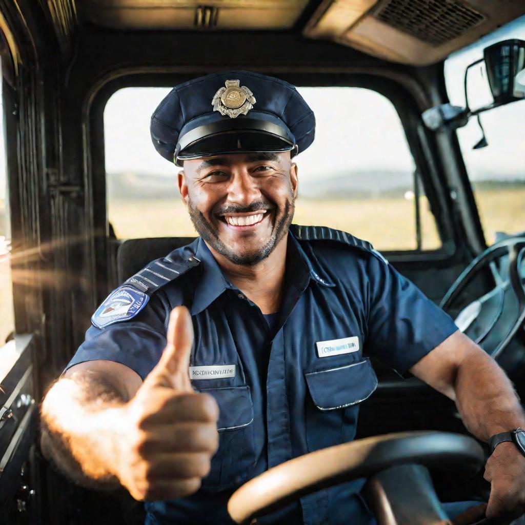 Портрет улыбающегося водителя грузовика в кабине грузовика. На нем форма и значок, показывающие его квалификационную категорию водителя. Солнечный свет проникает в боковое окно кабины грузовика, ярко освещая его лицо, пока он показывает жест одобрения бол