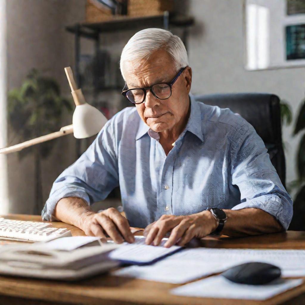Крупный портрет пожилого мужчины, сидящего за столом домашнего офиса. На нем очки и рубашка с пуговицами. Комната ярко освещена естественным светом из окна. У него сосредоточенное выражение лица, пока он печатает на клавиатуре, работая над налоговой декла