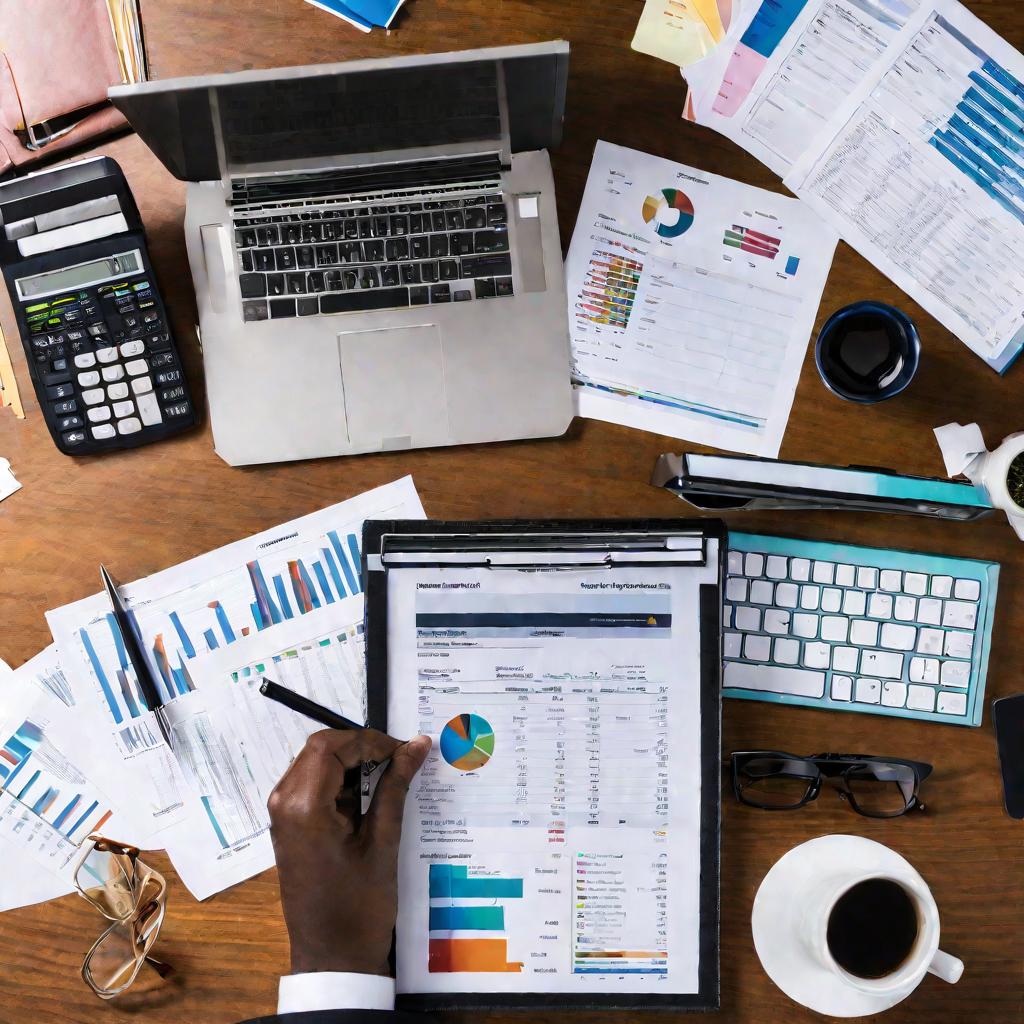 Вид сверху на бумаги и калькулятор на рабочем столе бухгалтера с открытым ноутбуком и графиками по налоговой отчетности