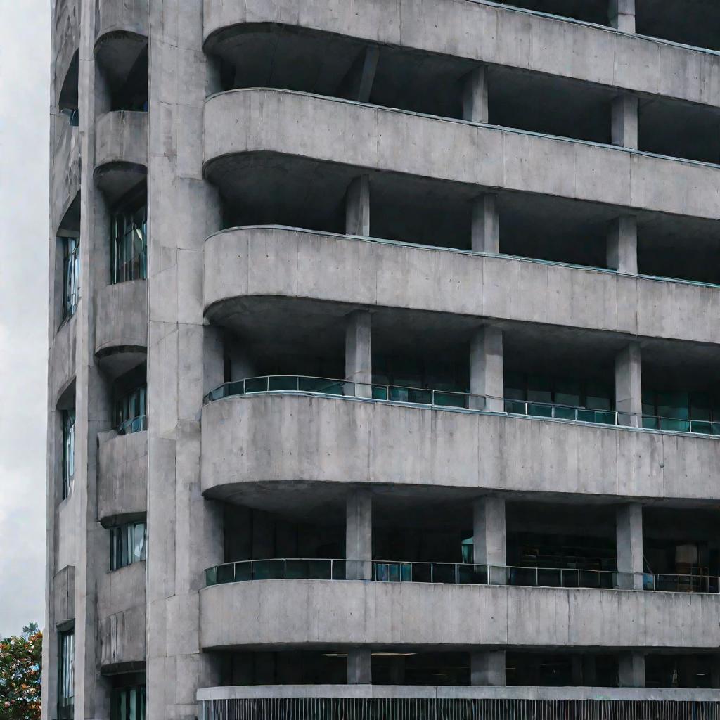 Вид снизу на мрачное здание налоговой инспекции в пасмурный день