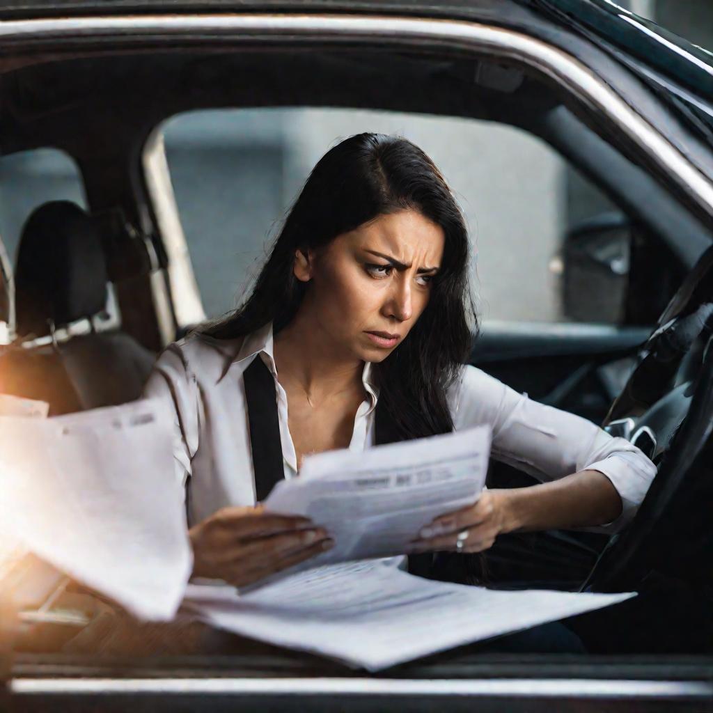Женщина в машине смотрит документы