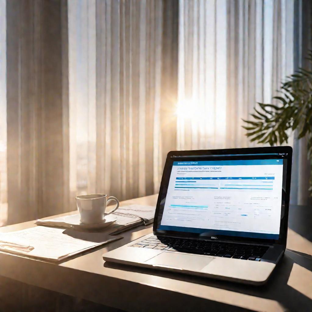 Рабочий стол с ноутбуком, на экране которого схема оформления дтп. Мягкое утреннее освещение.